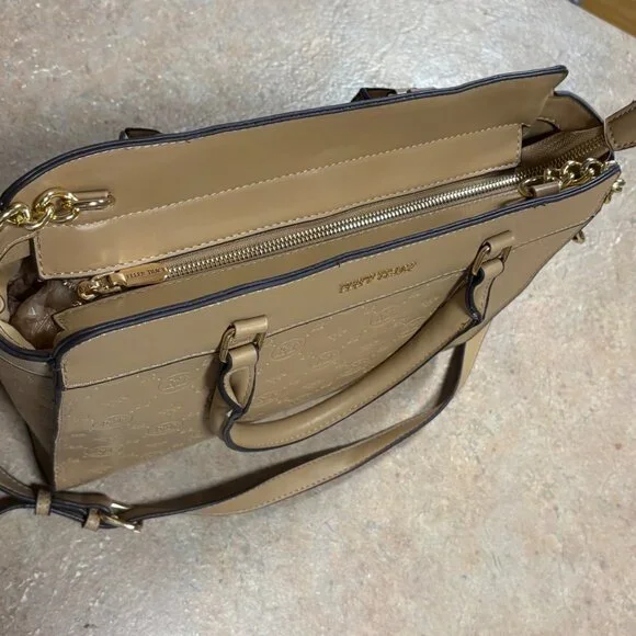 Ellen Tracy Monogram Signature Collection Double Handle Satchel Tan Faux Leather - Picture 5 of 16